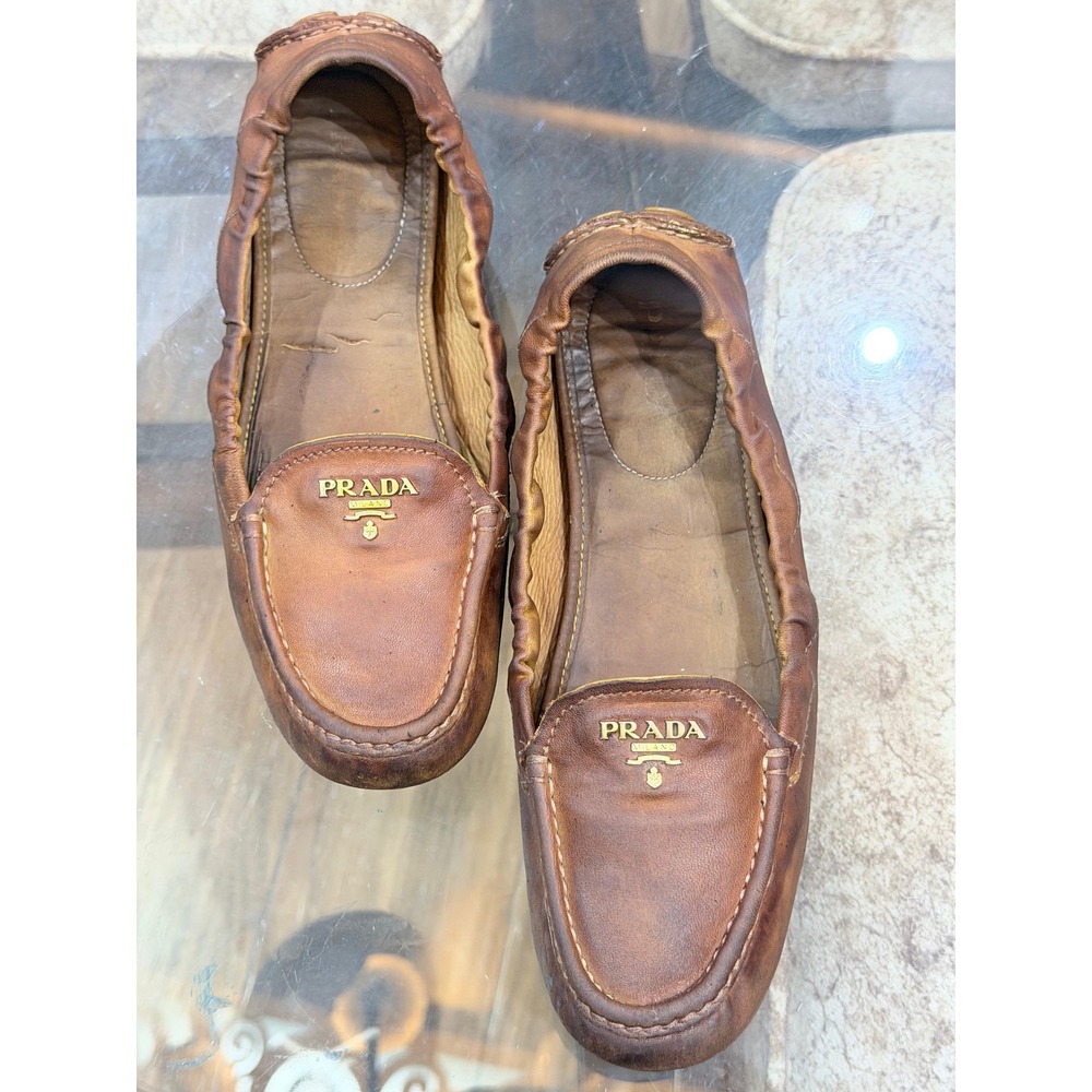 Prada Brown Leather Elastic Driving Loafers Gold Logo Flats 1DD030 Size 40 - Picture 8 of 8